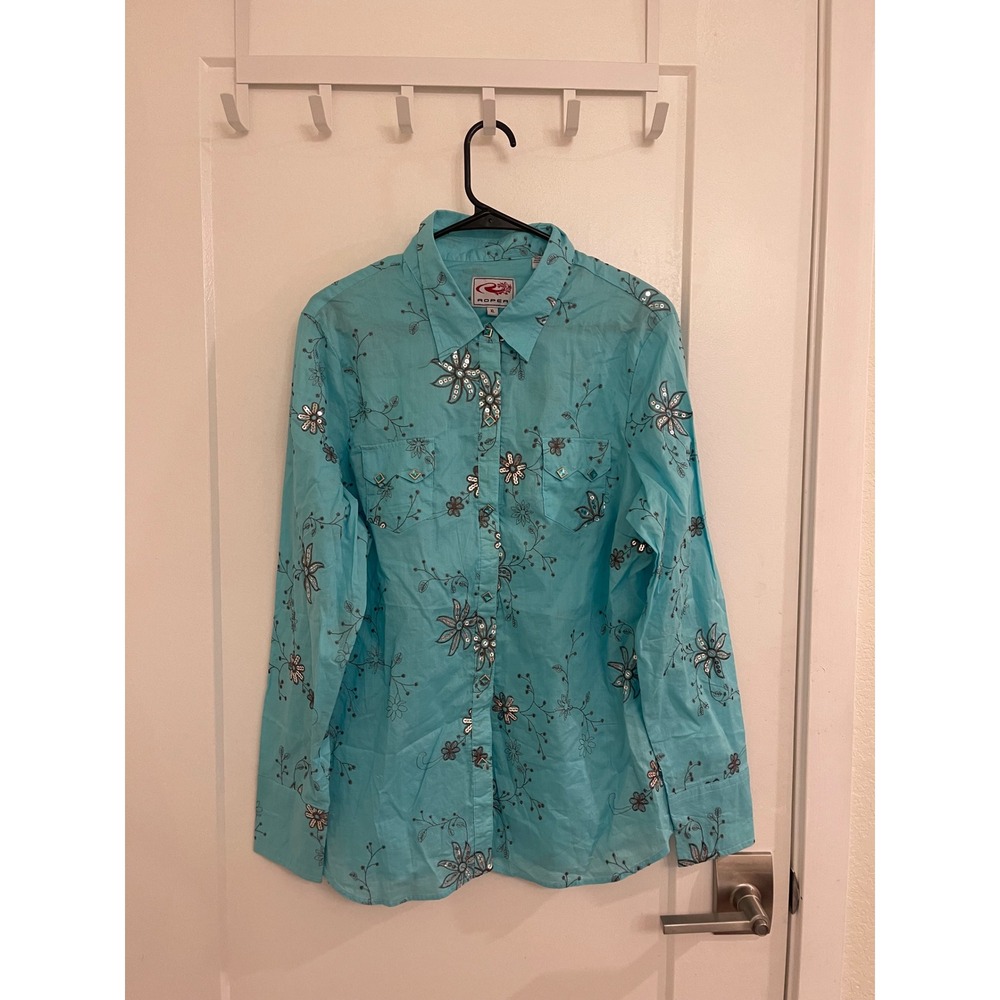 Vintage Roper‎ Pearl Snap Blue Button Up Diamond Button Western 90s